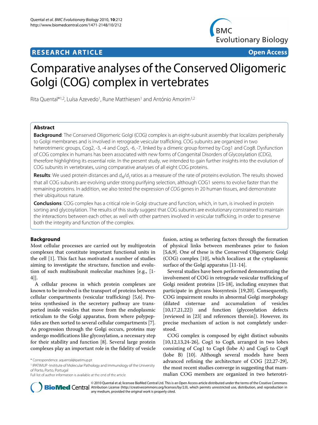 Comparative Analyses of the Conserved Oligomeric Golgi (COG) Complex in Vertebrates BMC Evolutionary Biology 2010, 10:212