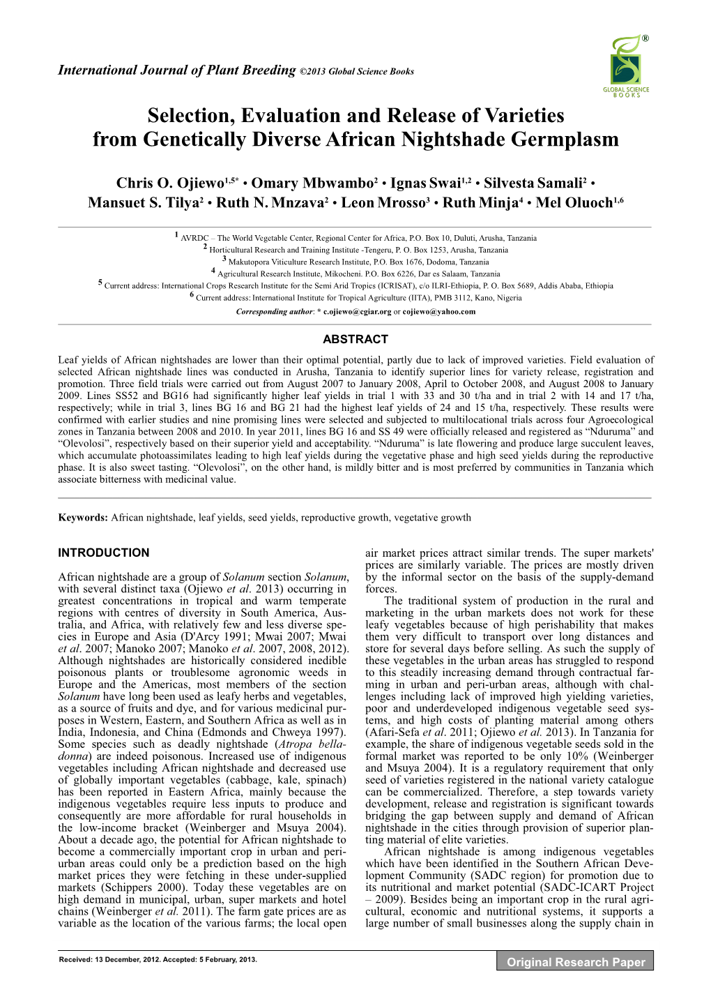 Selection, Evaluation and Release of Varieties from Genetically Diverse African Nightshade Germplasm