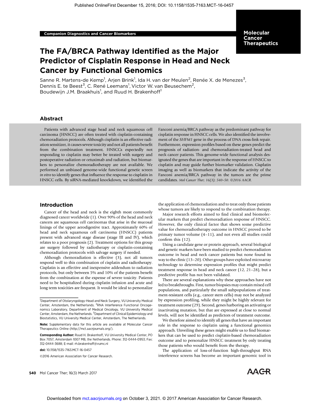 The FA/BRCA Pathway Identified As the Major Predictor of Cisplatin Response in Head and Neck Cancer by Functional Genomics