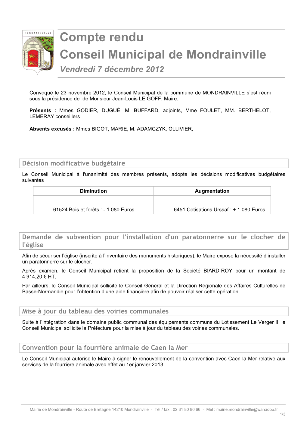 Compte Rendu Conseil Municipal De Mondrainville Vendredi 7 Décembre 2012
