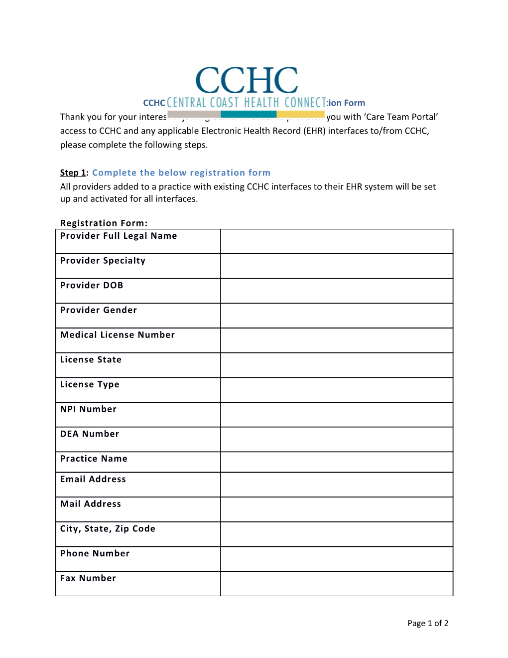 CCHC Provider Account Request and Attestation Form