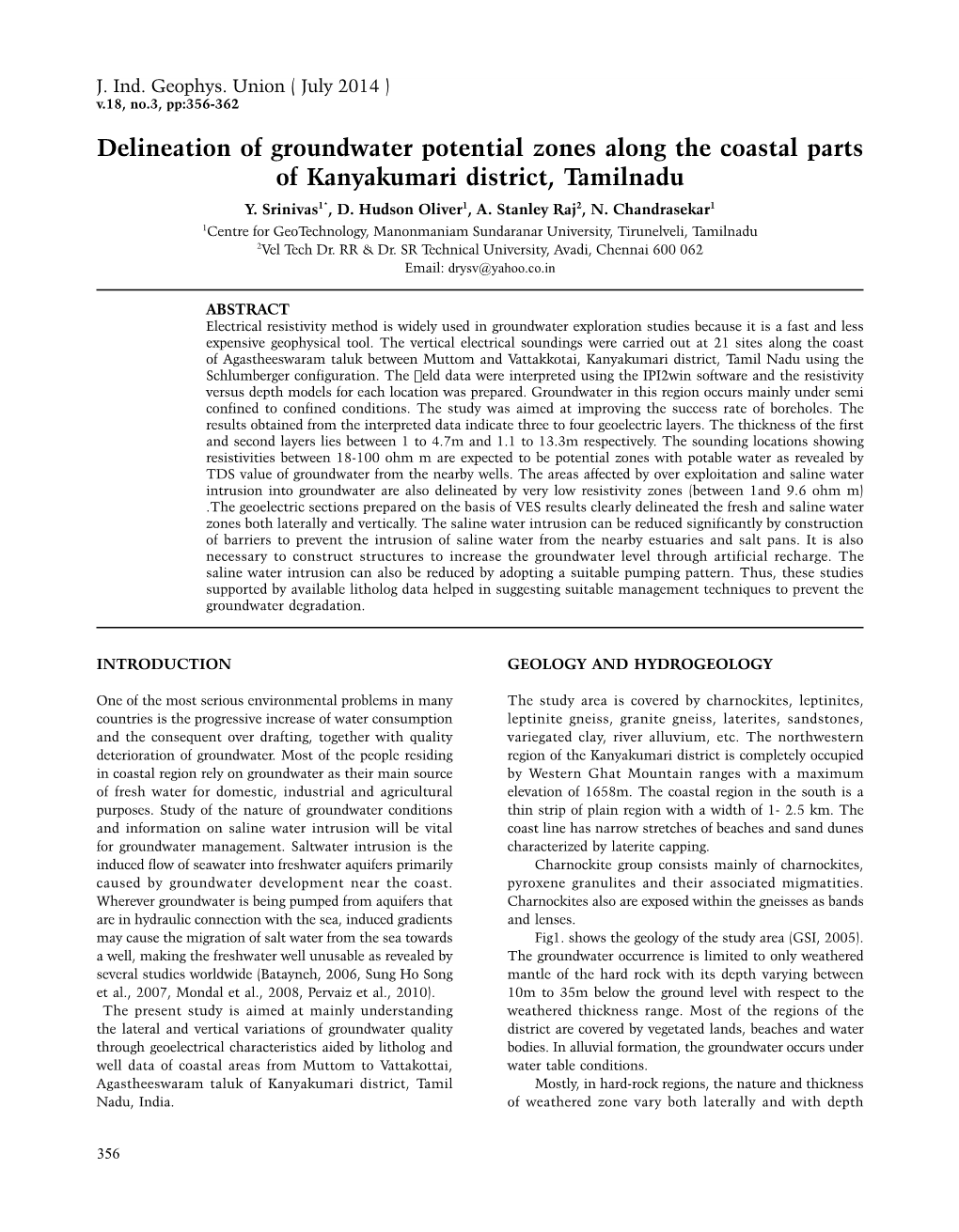 Delineation of Groundwater Potential Zones Along the Coastal Parts of Kanyakumari District, Tamilnadu Y