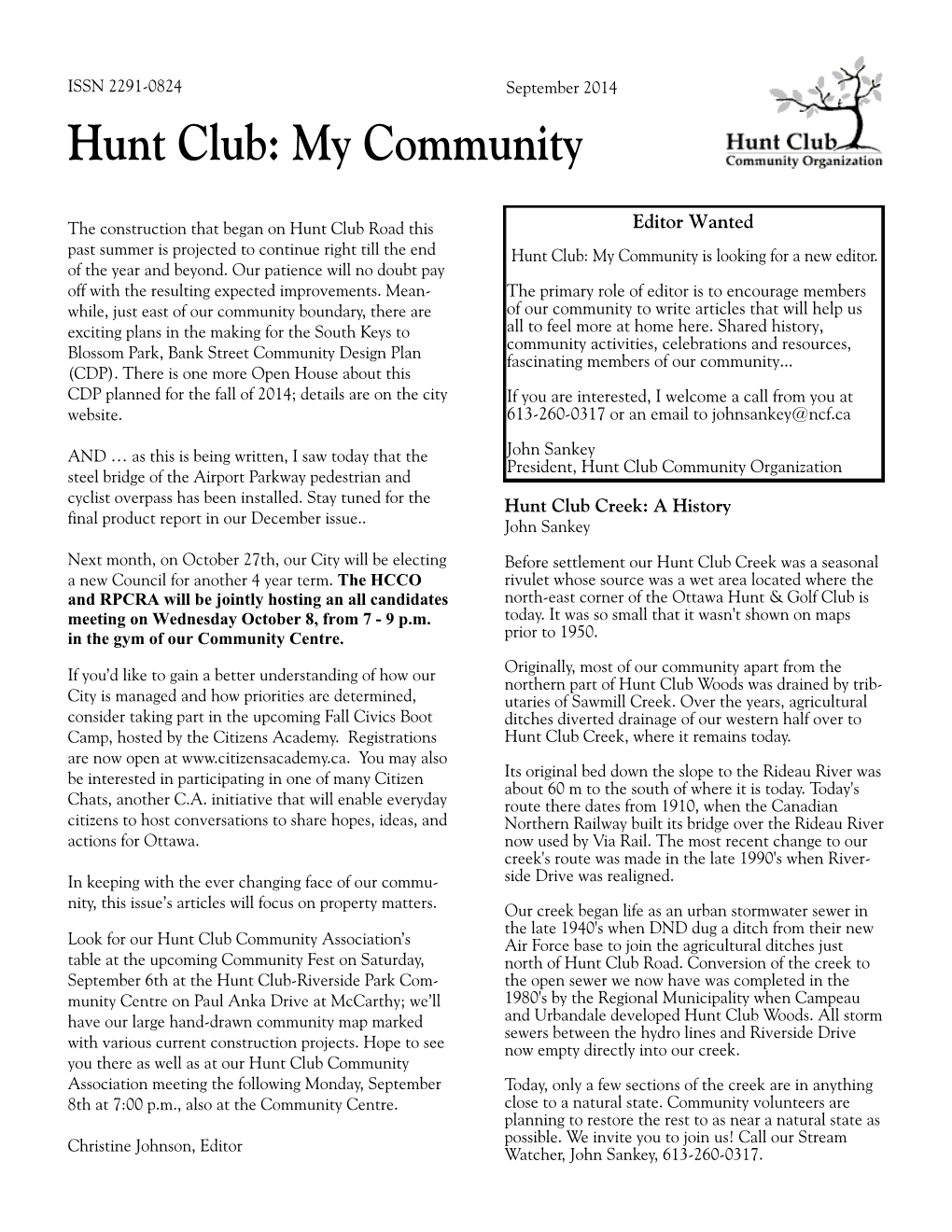 Hunt Club Community Association’S Air Force Base to Join the Agricultural Ditches Just Table at the Upcoming Community Fest on Saturday, North of Hunt Club Road