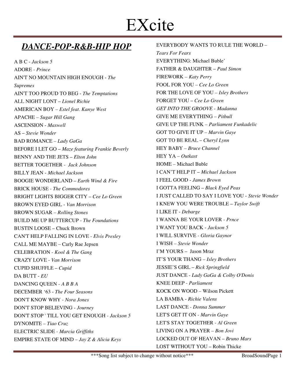 Broadsound Song List