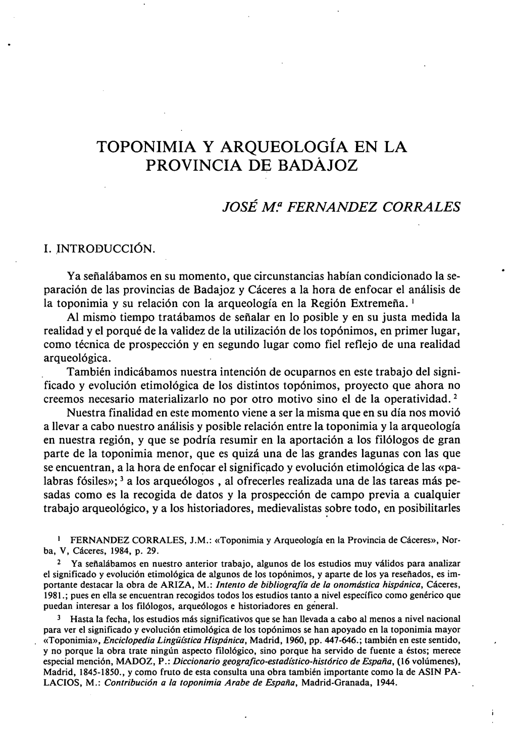 Toponimia Y Arqueología En La Provincia De Badajoz