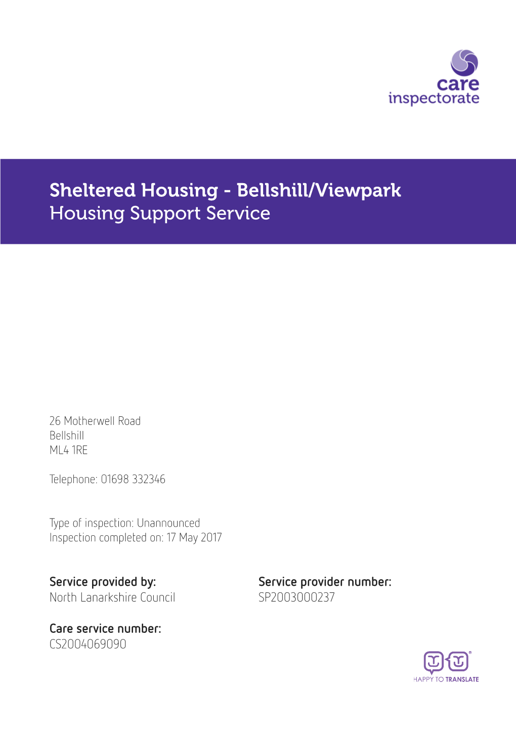 Sheltered Housing - Bellshill/Viewpark Housing Support Service