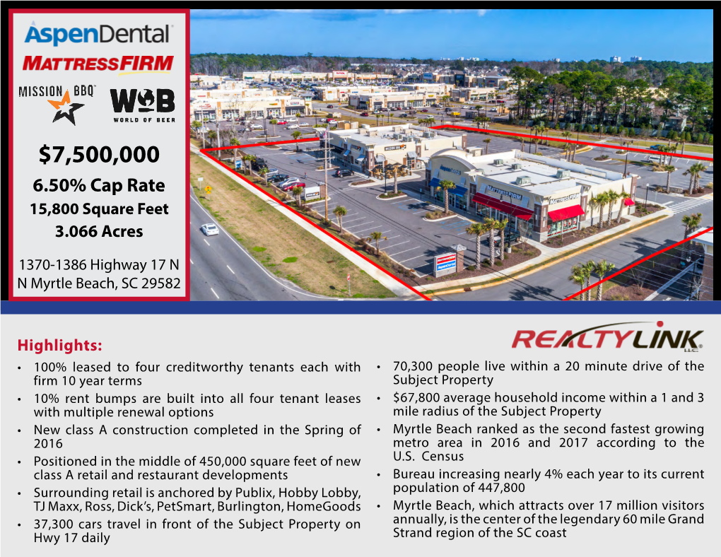 $7,500,000 6.50% Cap Rate 15,800 Square Feet 3.066 Acres 1370-1386 Highway 17 N N Myrtle Beach, SC 29582