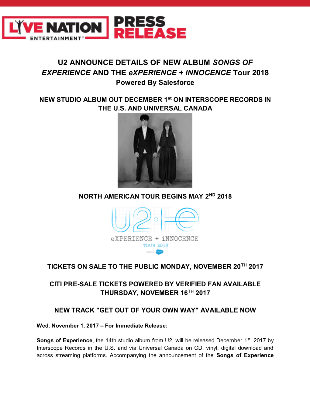 U2 ANNOUNCE DETAILS of NEW ALBUM SONGS of EXPERIENCE and the Experience + Innocence Tour 2018 Powered by Salesforce