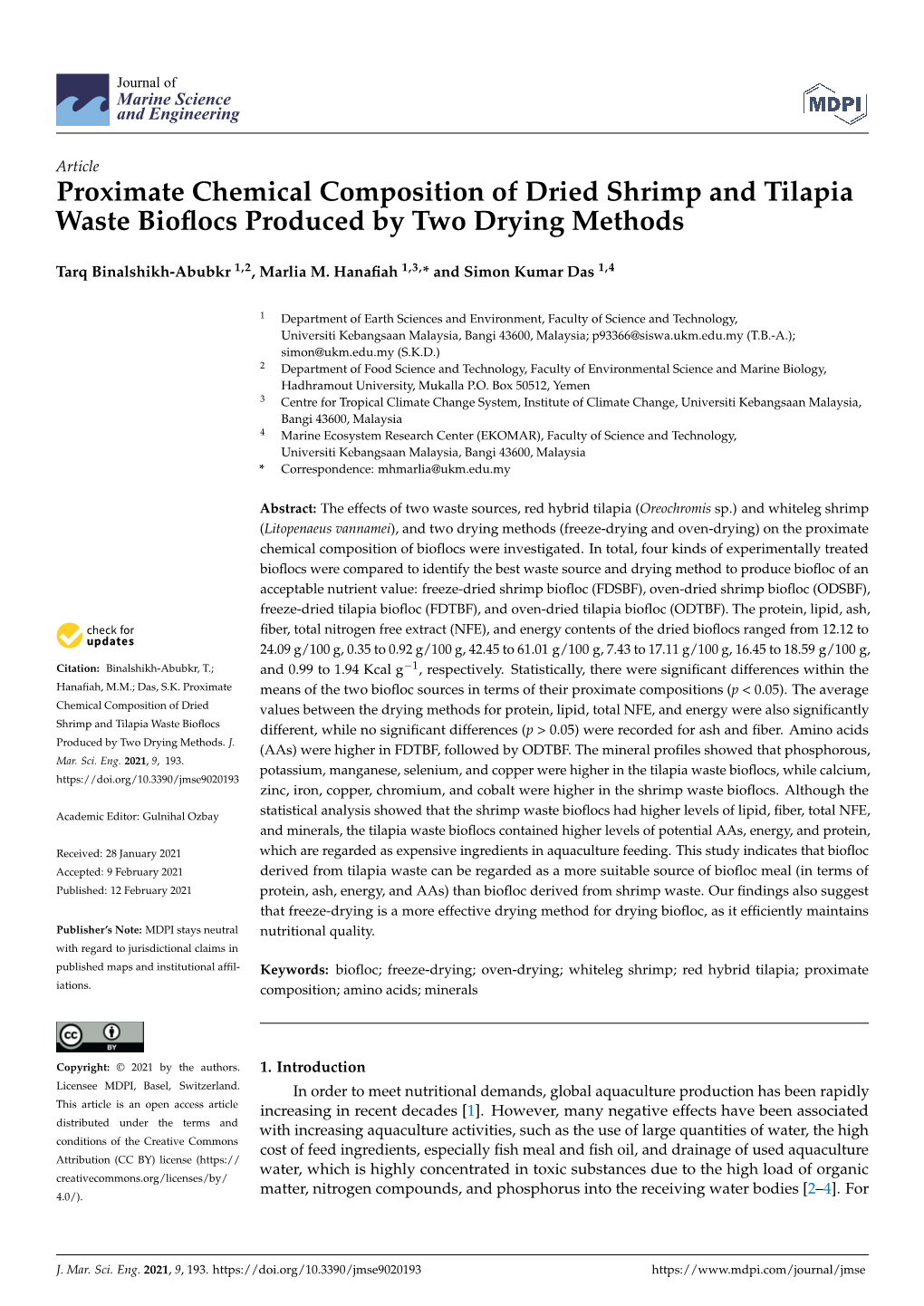 Proximate Chemical Composition of Dried Shrimp and Tilapia Waste Bioﬂocs Produced by Two Drying Methods