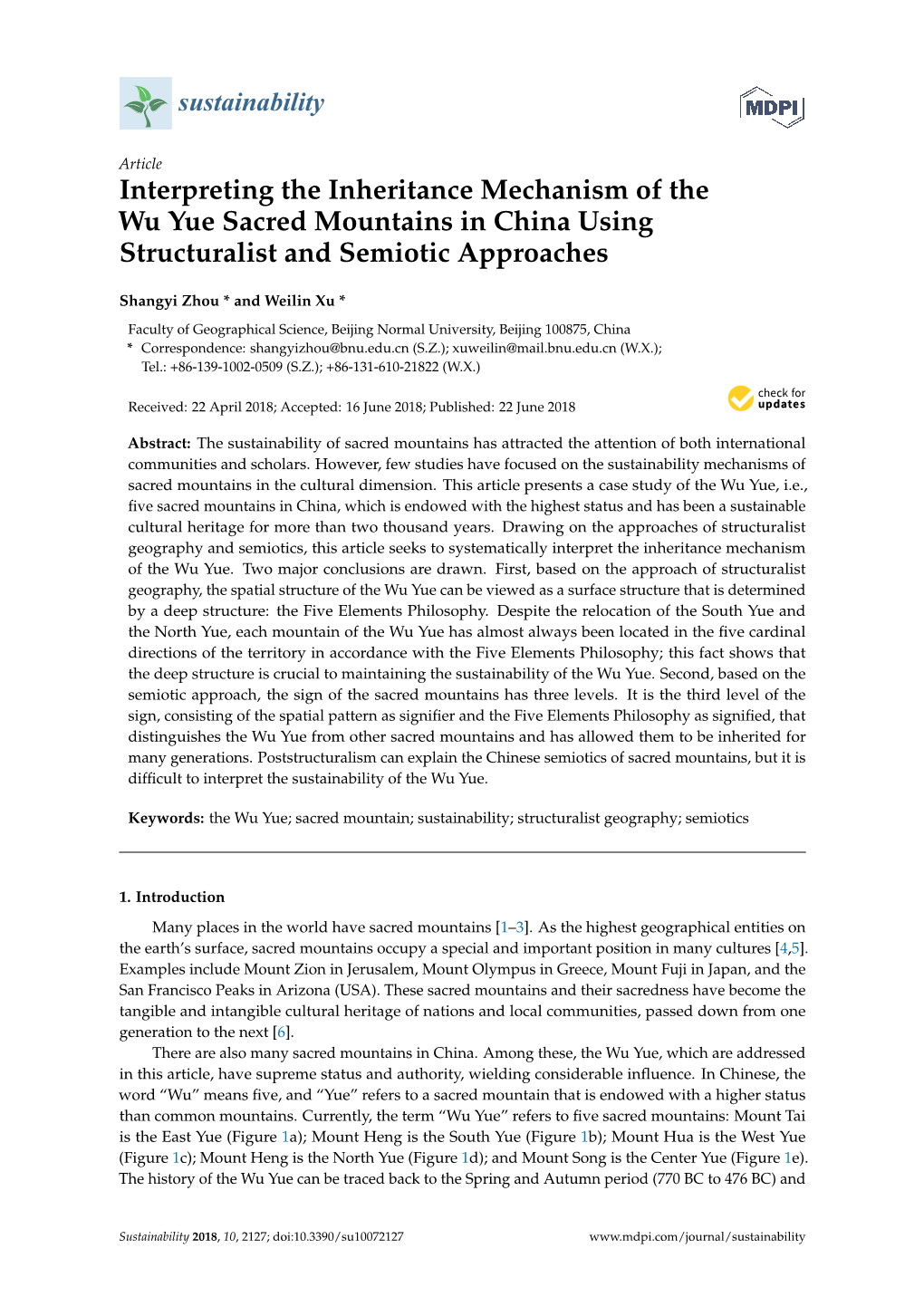 Interpreting the Inheritance Mechanism of the Wu Yue Sacred Mountains in China Using Structuralist and Semiotic Approaches