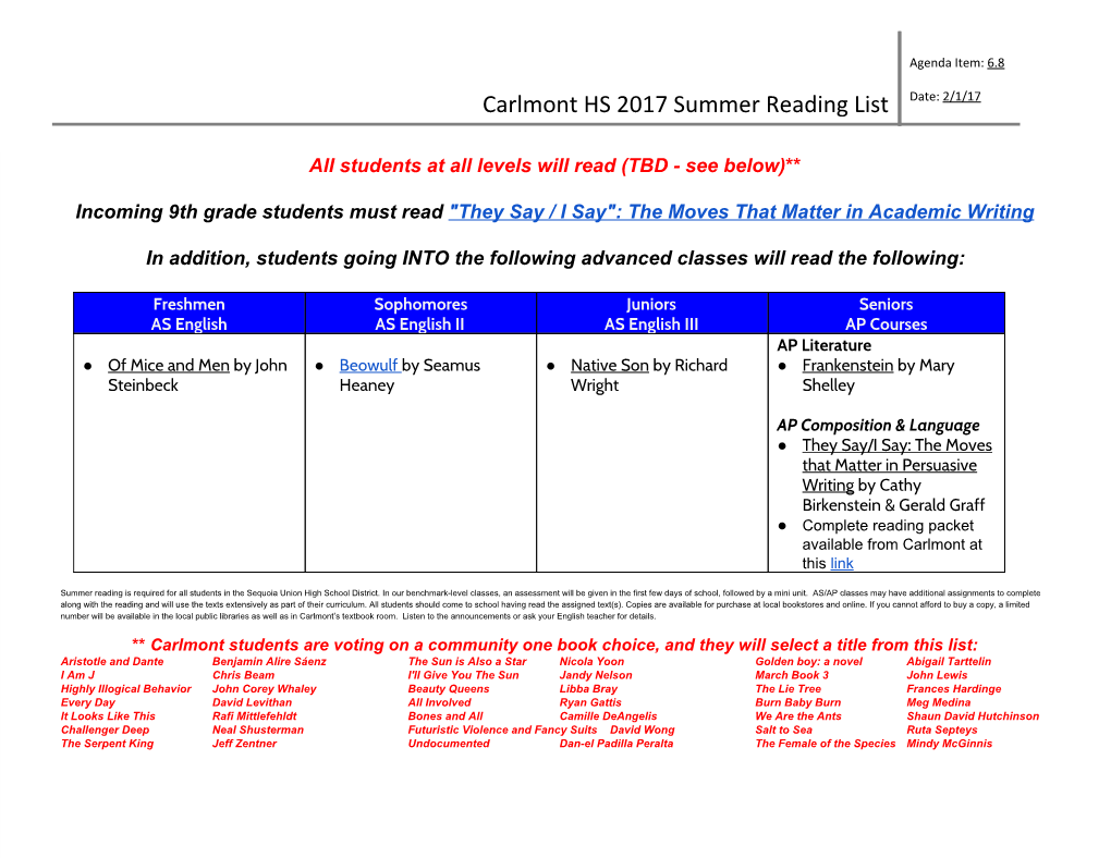 Carlmont HS 2017 Summer Reading List ​