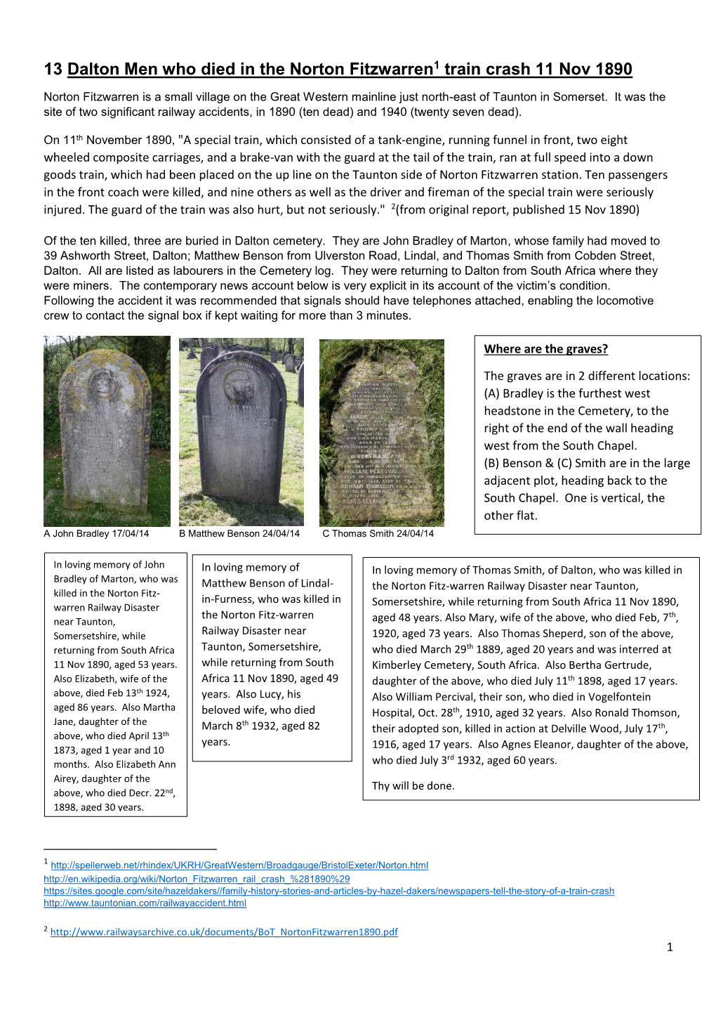 13 Dalton Men Who Died in the Norton Fitzwarren1 Train Crash 11 Nov 1890