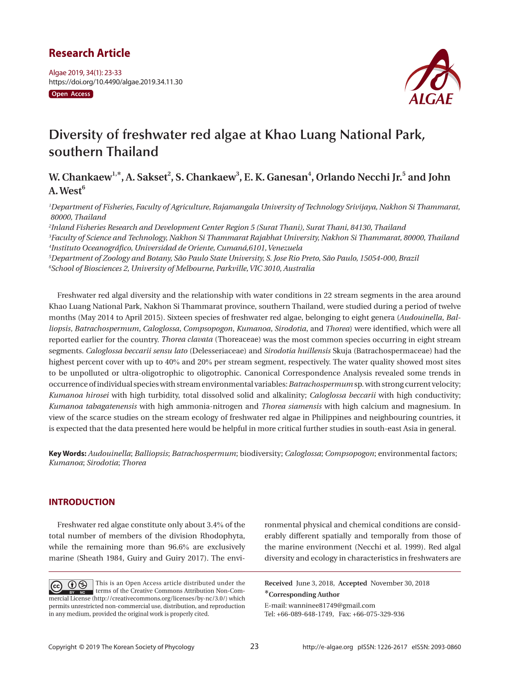 Diversity of Freshwater Red Algae at Khao Luang National Park, Southern Thailand