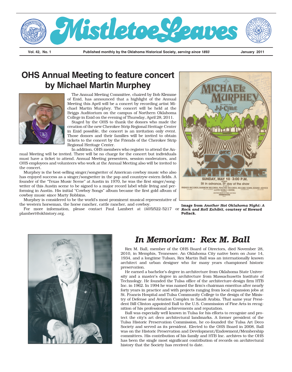 In Memoriam: Rex M. Ball OHS Annual Meeting to Feature Concert by Michael Martin Murphey