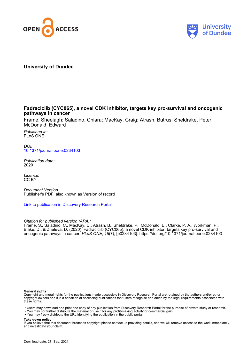 University of Dundee Fadraciclib (CYC065), a Novel CDK Inhibitor