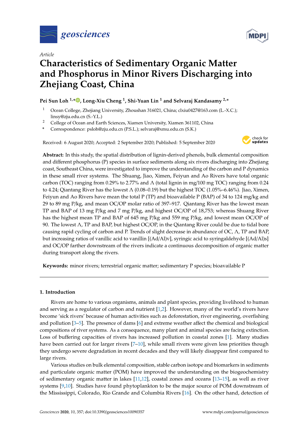 Characteristics of Sedimentary Organic Matter and Phosphorus in Minor Rivers Discharging Into Zhejiang Coast, China