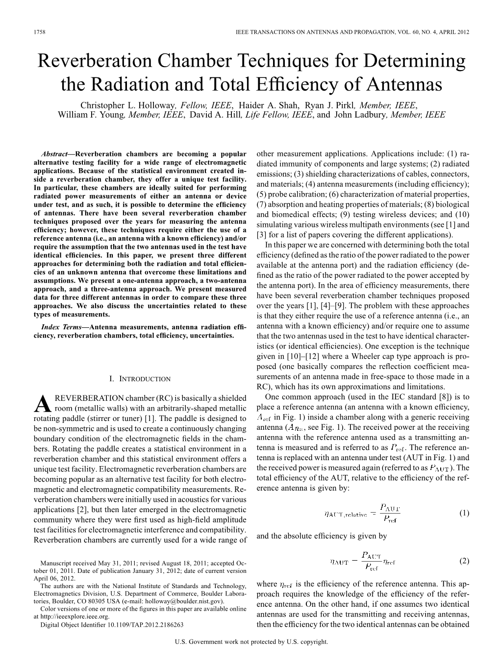 Reverberation Chamber Techniques for Determining the Radiation and Total Efﬁciency of Antennas Christopher L