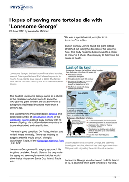 Hopes of Saving Rare Tortoise Die with 'Lonesome George' 26 June 2012, by Alexander Martinez