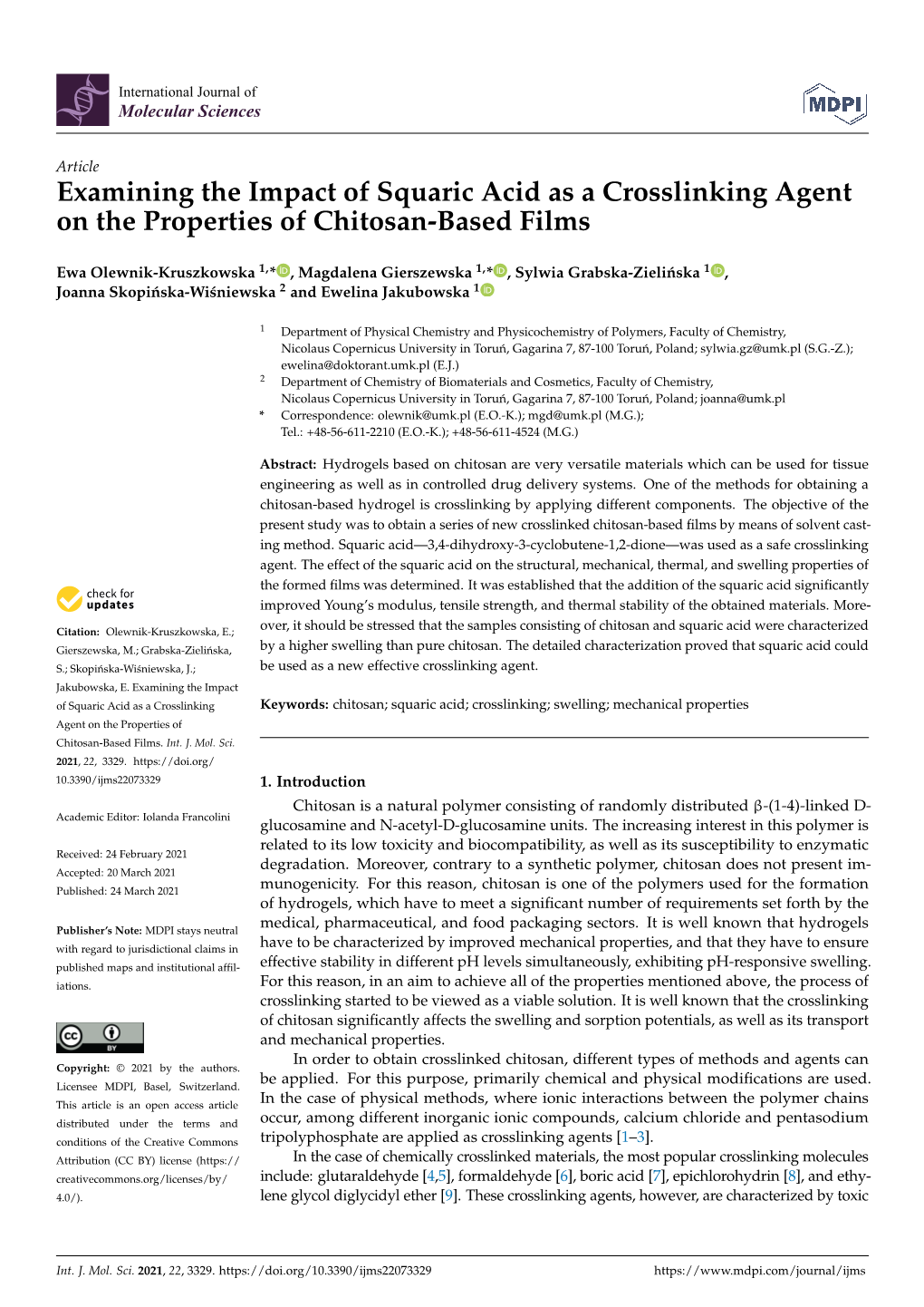 Examining the Impact of Squaric Acid As a Crosslinking Agent on the Properties of Chitosan-Based Films