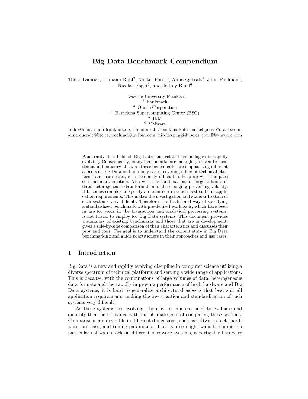 Big Data Benchmark Compendium