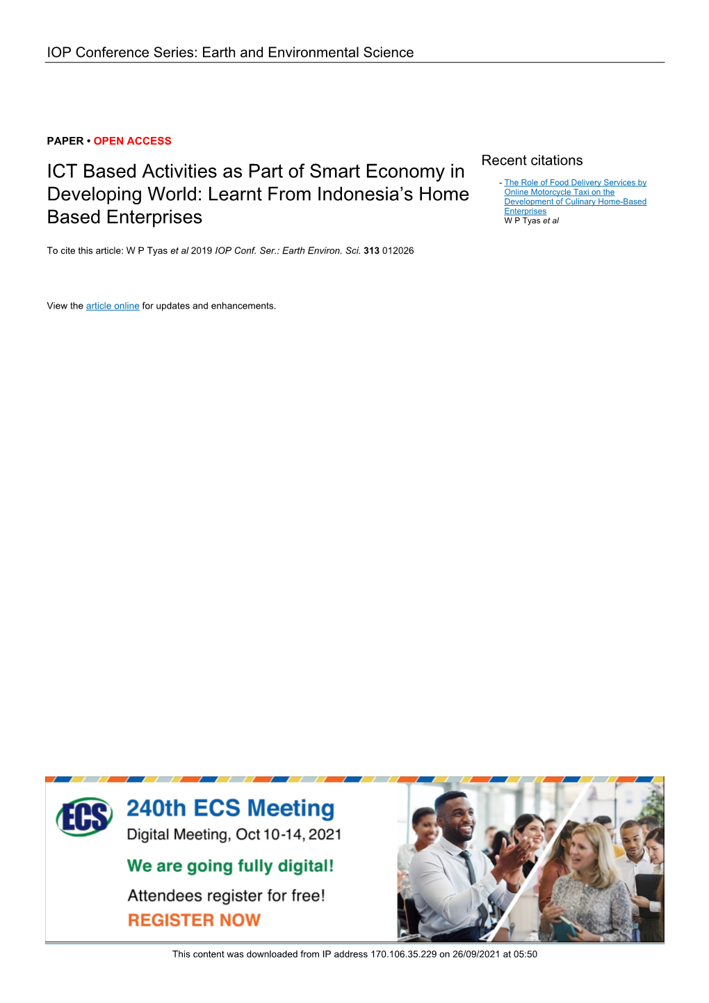 ICT Based Activities As Part of Smart Economy in Developing World: Learnt from Indonesia’S Home Based Enterprises