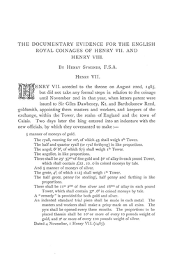 The Documentary Evidence for the English Royal Coinages of Henry Vii