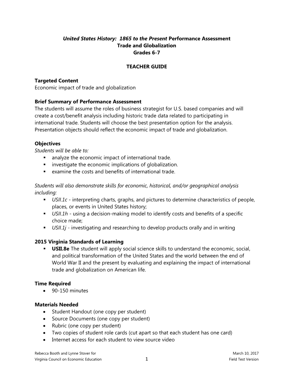 United States History: 1865 to the Present Performance Assessment