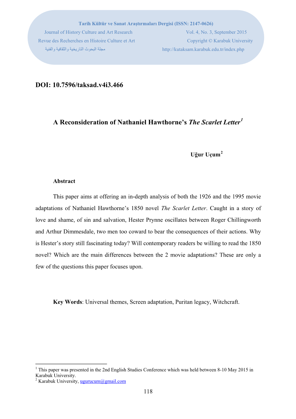 A Reconsideration of Nathaniel Hawthorne's the Scarlet Letter