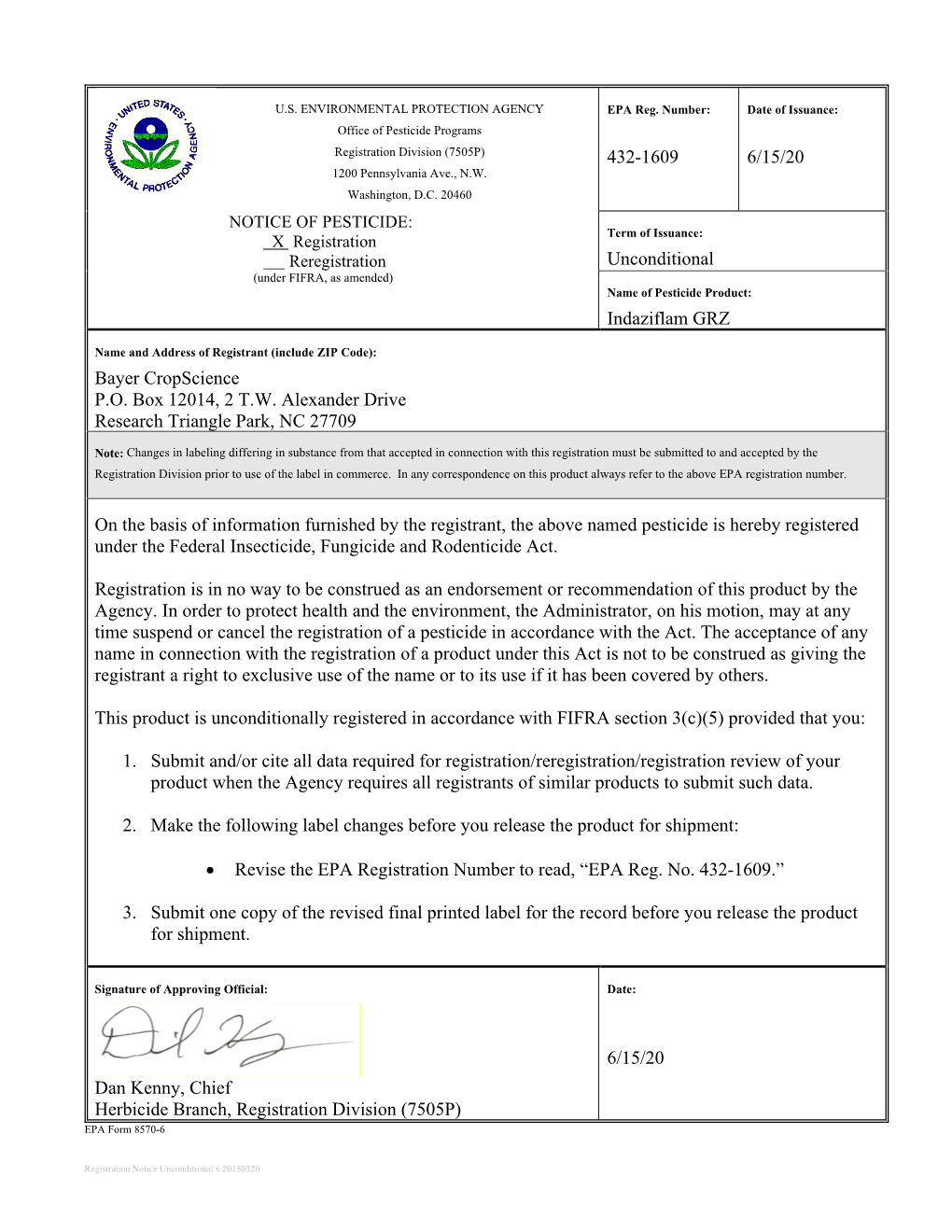 US EPA, Pesticide Product Label, INDAZIFLAM GRZ,06/15/2020