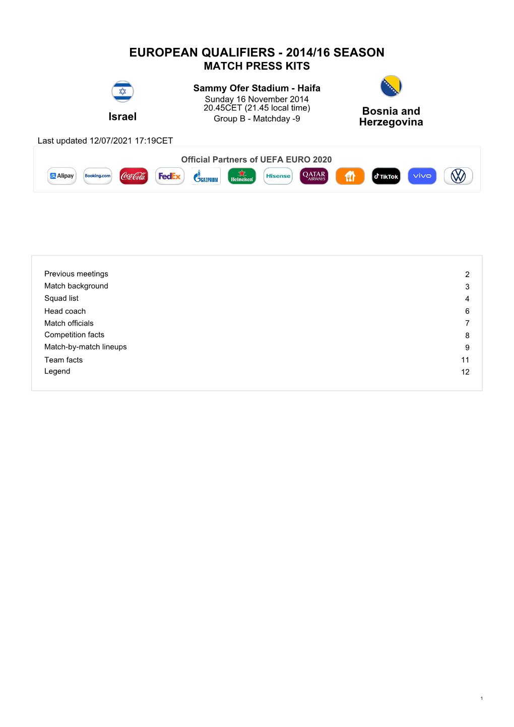 European Qualifiers - 2014/16 Season Match Press Kits