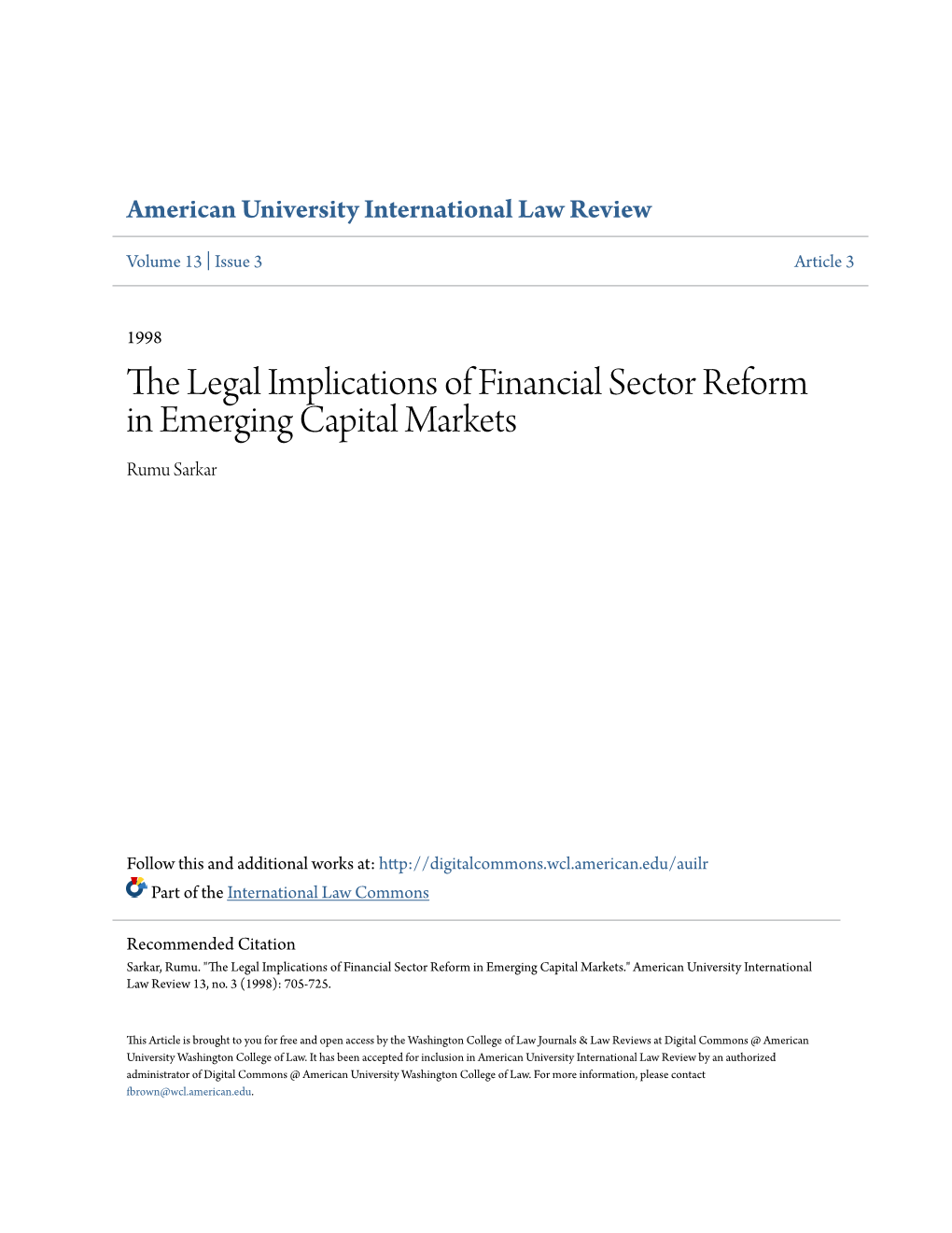 The Legal Implications of Financial Sector Reform in Emerging Capital Markets Rumu Sarkar