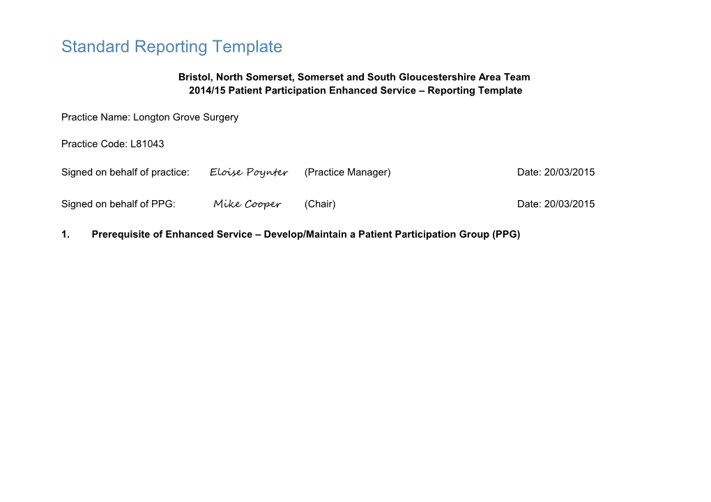 Patient Participation Enhanced Service - Reporting Template