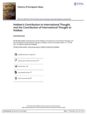 Hobbes's Contribution to International Thought, and the Contribution of International Thought to Hobbes