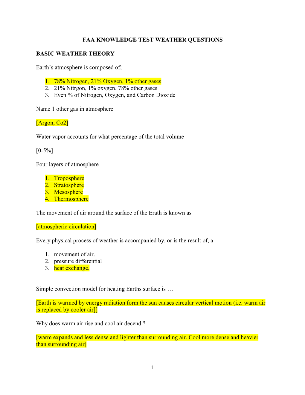 Aviation Weather Quiz Solutions