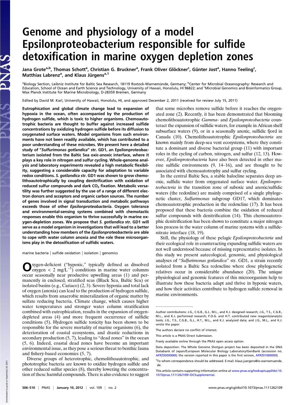 Genome and Physiology of a Model Epsilonproteobacterium Responsible for Sulﬁde Detoxiﬁcation in Marine Oxygen Depletion Zones