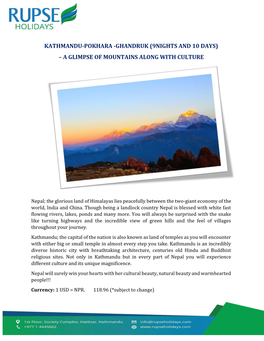 Kathmandu-Pokhara -Ghandruk (9Nights and 10 Days) – a Glimpse of Mountains Along with Culture
