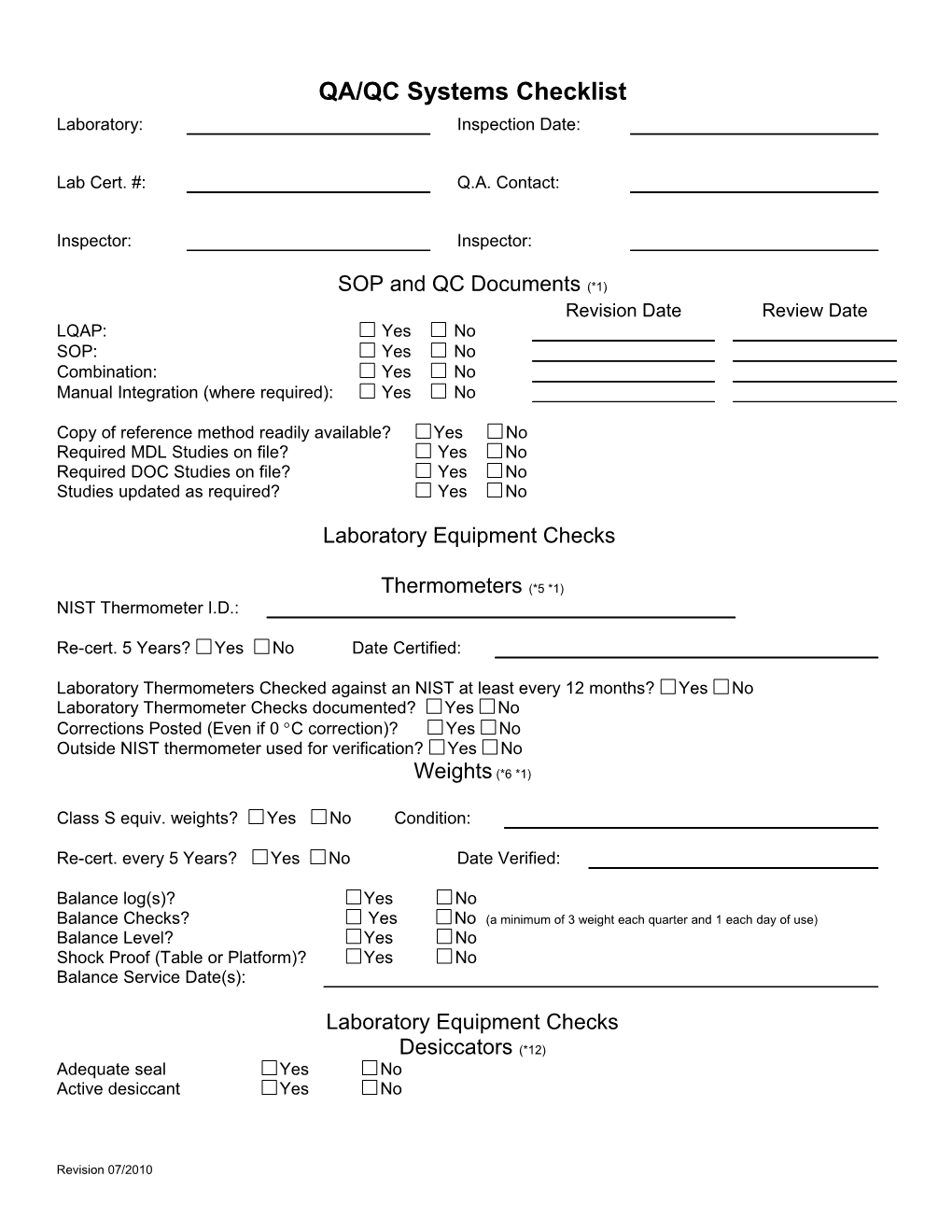 QA/QC Systems Checklist