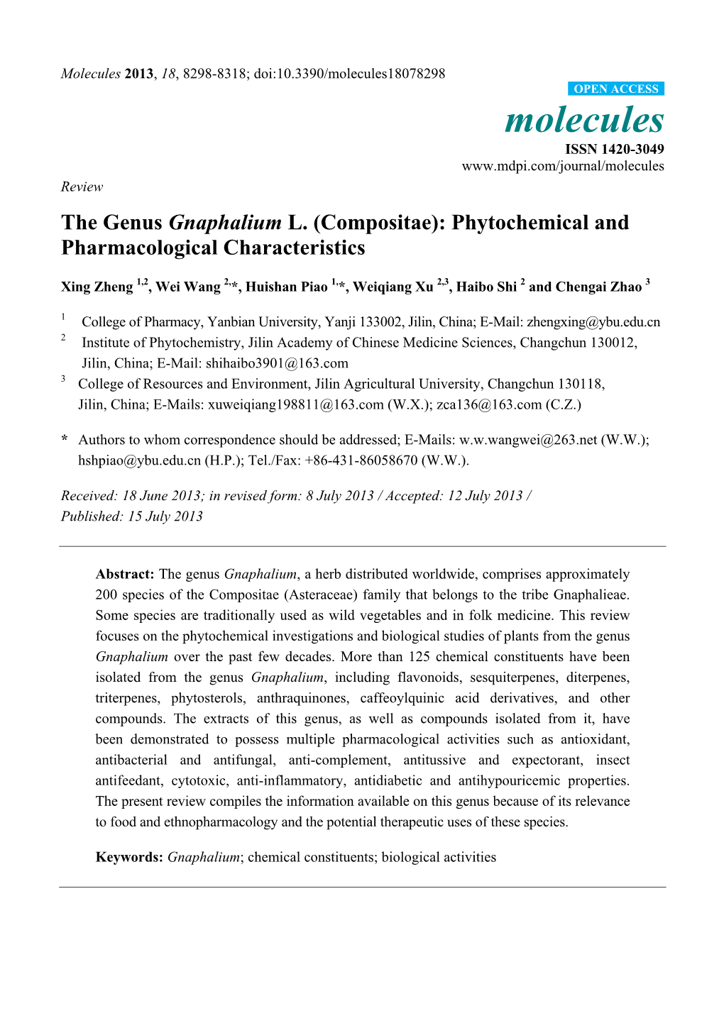 The Genus Gnaphalium L. (Compositae): Phytochemical and Pharmacological Characteristics