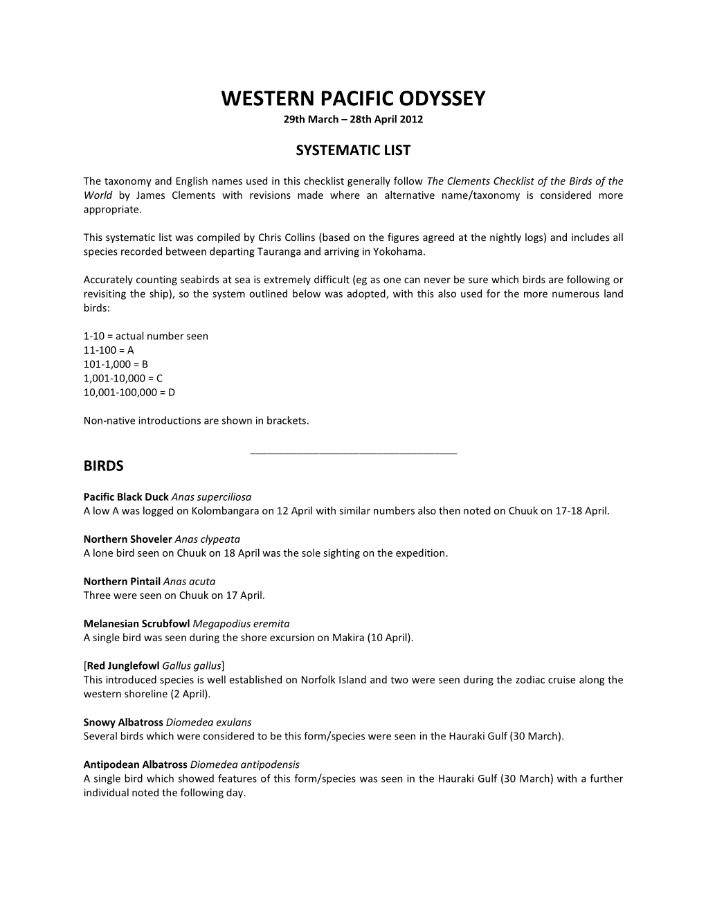 Western Pacific Odyssey Species List 2012