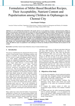 Formulation of Millet Based Breakfast Recipes, Their Acceptability, Nutrient Content and Popularisation Among Children in Orphanages in Chennai City