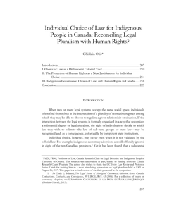 Individual Choice of Law for Indigenous People in Canada: Reconciling Legal Pluralism with Human Rights?