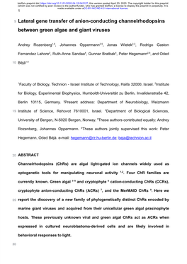 Lateral Gene Transfer of Anion-Conducting Channelrhodopsins Between Green Algae and Giant Viruses