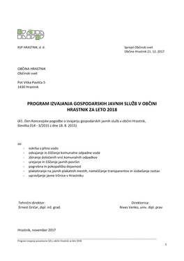 Program Izvajanja Gospodarskih Javnih Služb V Občini Hrastnik Za Leto 2018