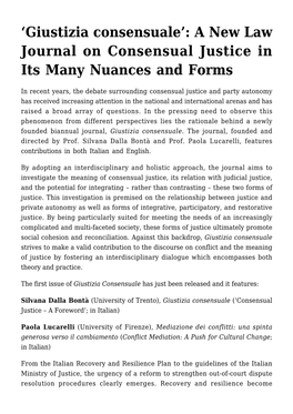 'Giustizia Consensuale': a New Law Journal On