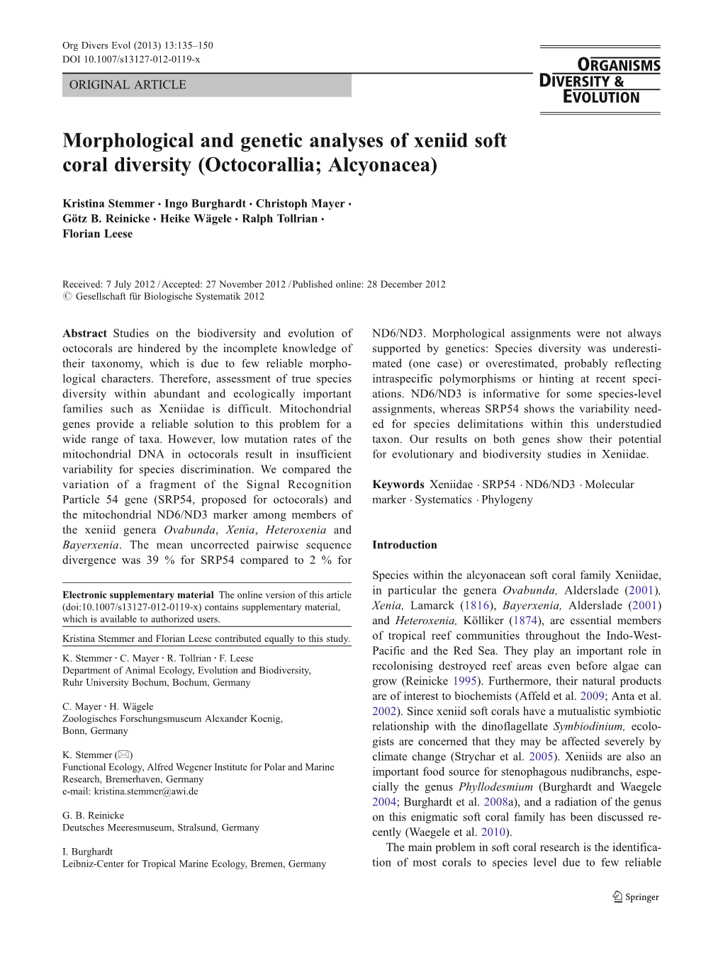 Morphological and Genetic Analyses of Xeniid Soft Coral Diversity (Octocorallia; Alcyonacea)