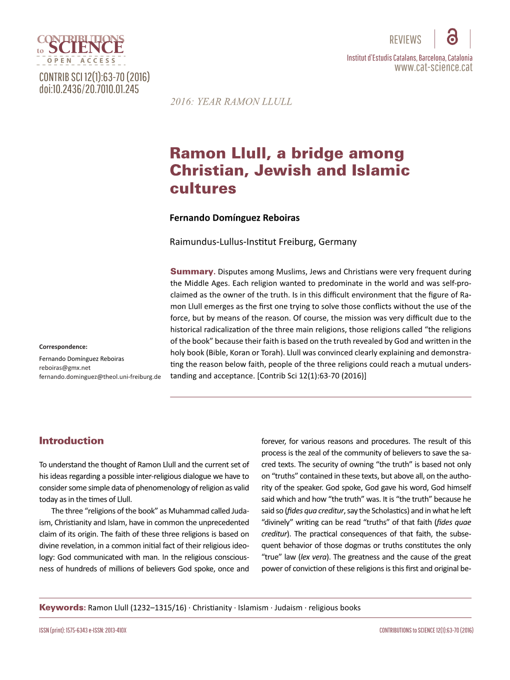 Ramon Llull, a Bridge Among Christian, Jewish and Islamic Cultures