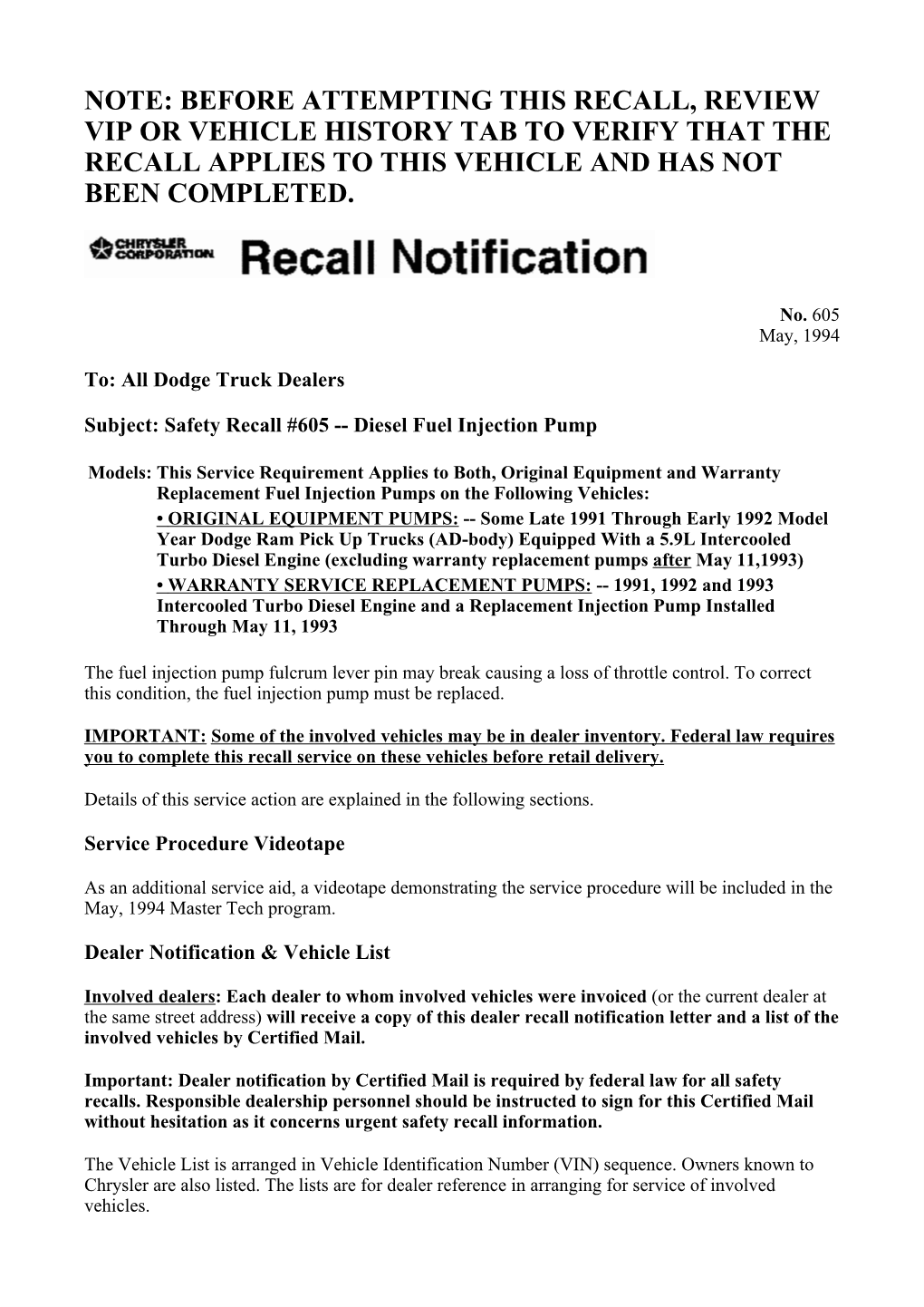 Note: Before Attempting This Recall, Review Vip Or Vehicle History Tab to Verify That the Recall Applies to This Vehicle and Has Not Been Completed