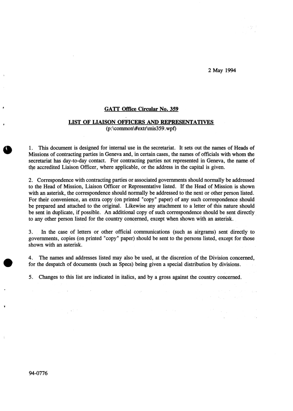 2 May 1994 GATT Office Circular No. 359 LIST