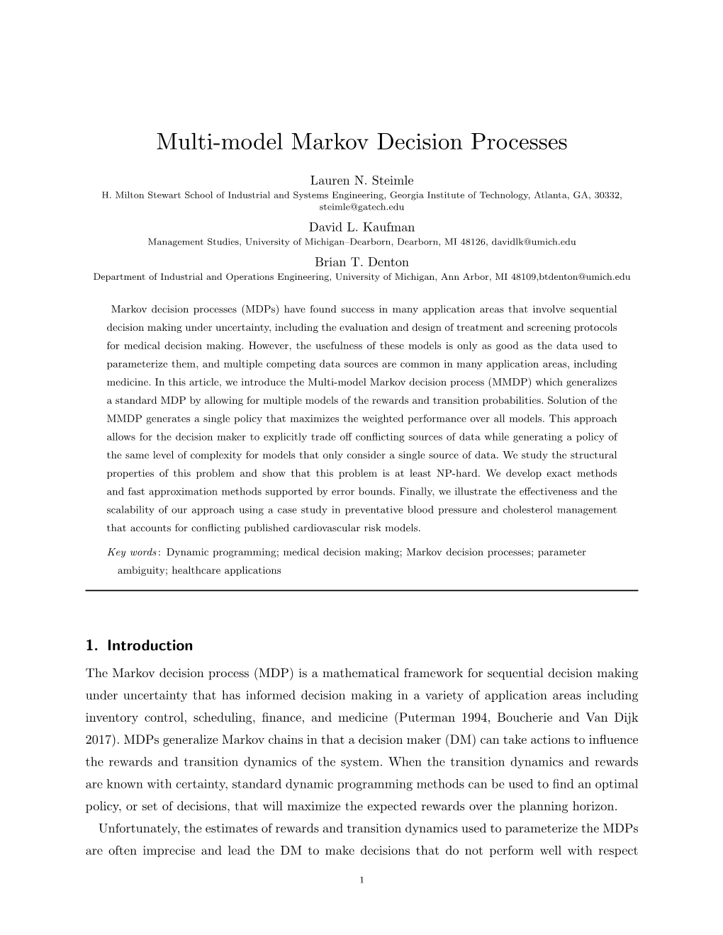 Multi-Model Markov Decision Processes