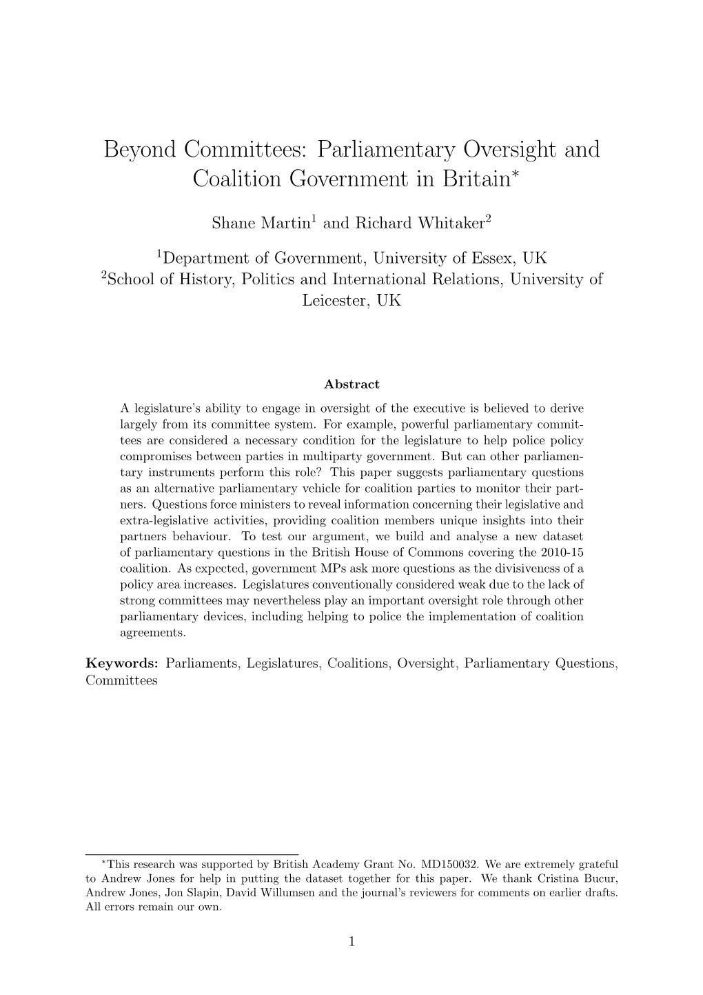 Beyond Committees: Parliamentary Oversight and Coalition Government in Britain∗